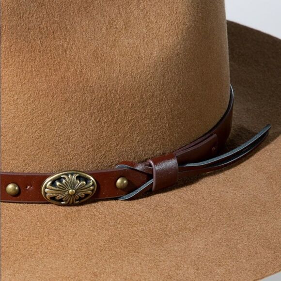 Western Wool Panama Hat with Gold Concho Metal Belt in BLACK - Picture 9 of 13